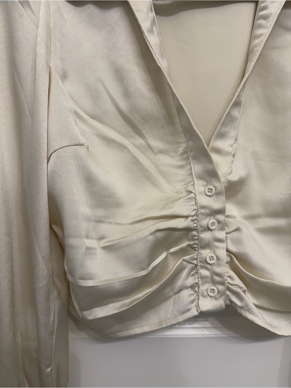 Altar'd State Ivory Satin Ruched Button-Front Crop Blouse - Picture 2 of 6